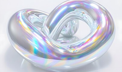 Iridescent, metallic, abstract sculpture with a knot-like form on a white background.