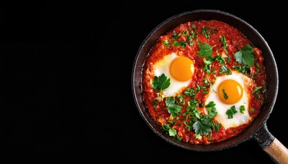 Poster - Shakshuka eggs in a pan on a black background