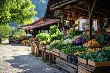 Aufkleber - Farmers market showcasing fresh produce and vibrant colors surrounded by nature on a sunny day. Generative AI