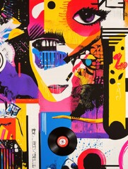 Aufkleber - Vibrant abstract art showcasing a womans face with colorful patterns and a vinyl record in a modern style. Generative AI