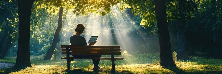 Aufkleber - Relaxing in nature while reading on a tablet under the warm sunlight in a peaceful park setting. Generative AI