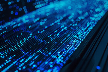 Digital Future: Blue Binary Data Flowing on a Computer Screen Background