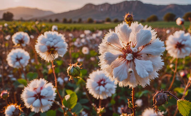 Poster - Field of white flowers with a mountain in the background. The flowers are in full bloom and the sky is clear