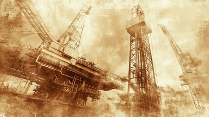 Aufkleber - Industrial oil drilling rig at sunset illustrating energy extraction technology and processes. Generative AI