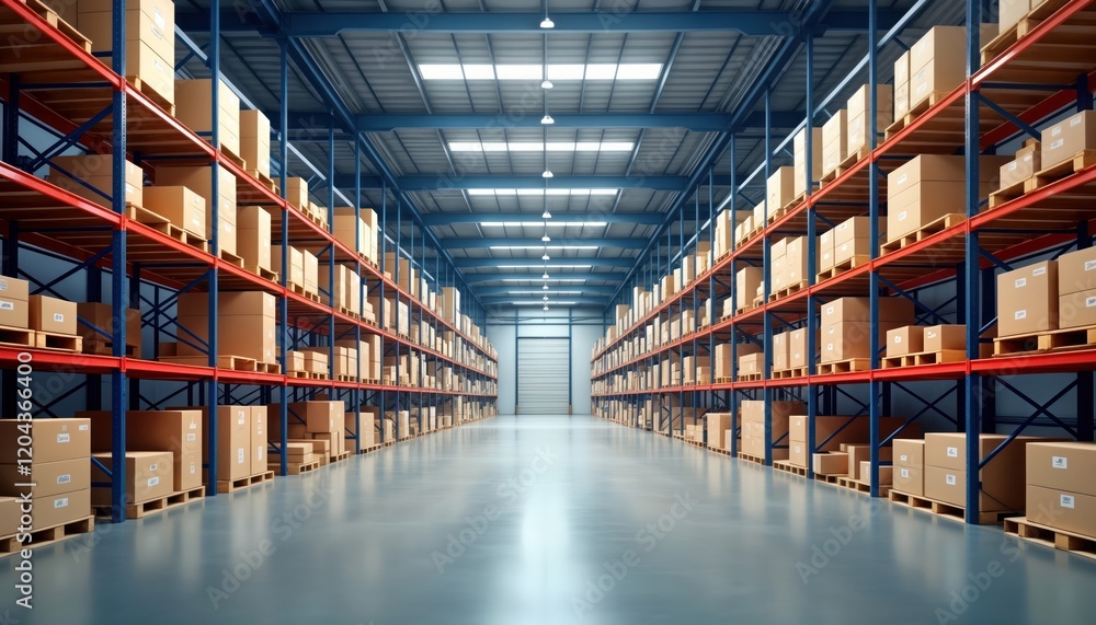 Distributionon Shelf Huge automatic warehouse features high shelves filled with cardboard ...