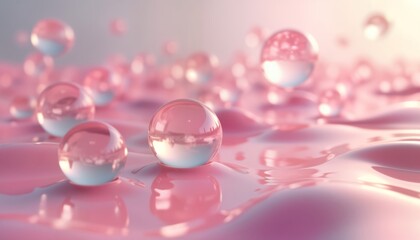 Poster - Pink and white spheres float above a pink liquid surface. Abstract design with soft light. Trendy and futuristic aesthetic. Suitable for beauty products, fashion, or tech themes.