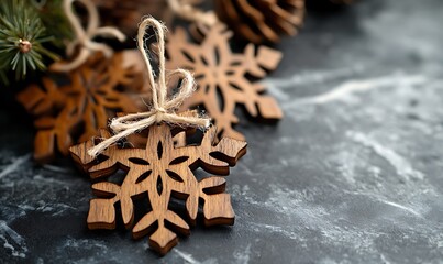 Wall Mural - Rustic wooden snowflake ornaments on a dark marble background.