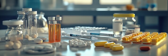 Poster - Laboratory workspace with various medical supplies and pharmaceutical products during daytime hours. Generative AI