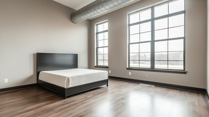 Wall Mural - Modern Loft Bedroom: Spacious and bright loft bedroom featuring large industrial-style windows, hardwood floors, and a minimalist dark gray bed frame.