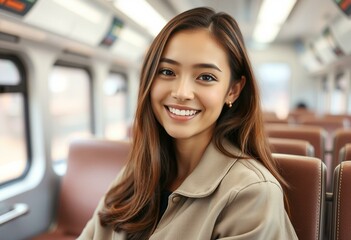 Wall Mural - Female portrait on a train with a calm background