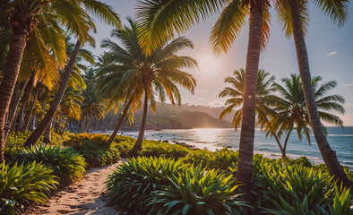Fototapete - Tropical beach with palm trees and a path leading to the water. The sun is setting, casting a warm glow over the scene