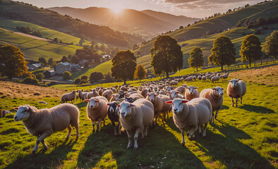 Poster - Herd of sheep are grazing in a field. The sheep are spread out across the field, with some standing closer to the foreground and others further back. The sun is shining brightly, casting a warm glow