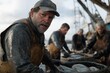 © Jenny - Mature caucasian male fisherman working on boat with crew handling catch