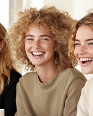 Cheerful curly haired woman laughing with friends in a brightly lit indoor setting, radiating joy and human connection for lifestyle branding photography