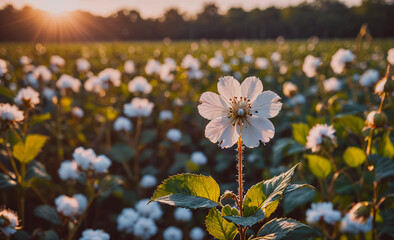 Poster - Field of white flowers with a single white flower in the foreground. The sun is shining brightly on the flowers, creating a warm and inviting atmosphere