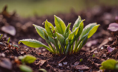 Poster - Small green plant is growing in the dirt. The plant is surrounded by dirt and rocks, and it is thriving in the environment