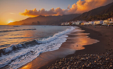 Poster - Beach with a beautiful sunset in the background. The beach is full of people enjoying the view and the waves