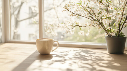 Wall Mural - A cup of coffee in front of a bright window with a spring landscape view