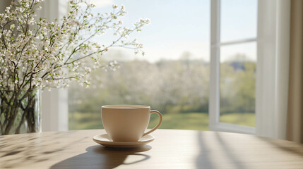 Wall Mural - A cup of coffee in front of a bright window with a spring landscape view