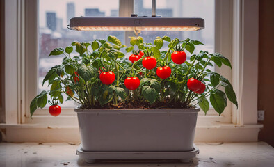 Poster - Window sill with a white container holding a plant with red tomatoes. The plant is in a grow light