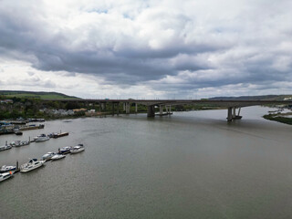 Wall Mural - High Angle View of River Thames at Rochester Town in the Unitary of Medway and Located at Kent, England United Kingdom. High Angle Drone's Camera Footage was Captured on April 20th, 2024