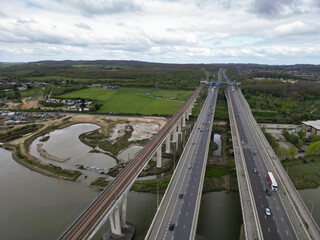 Canvas Print - Aerial View of Rochester Town in the Unitary of Medway and Located on River Thames, Kent, England United Kingdom. High Angle Drone's Camera Footage was Captured on April 20th, 2024