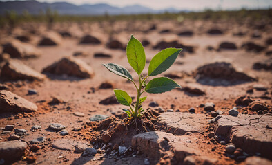 Poster - Small green plant is growing in the desert. The plant is surrounded by rocks and dirt, and it is the only sign of life in the barren landscape. Concept of resilience and hope