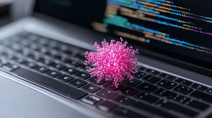 Pink virus model on laptop keyboard with code on screen.