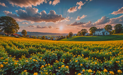 Poster - Field of yellow flowers with a house in the background. The sun is setting, casting a warm glow over the scene