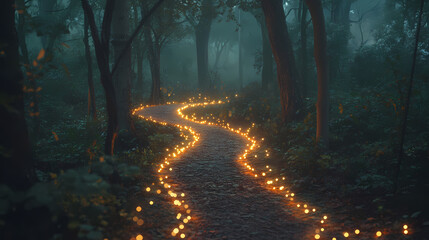 Wall Mural - Enchanted pathway illuminated with glowing lights forest nature scene mystical atmosphere night view fantasy concept. Dream Forest. Illustration