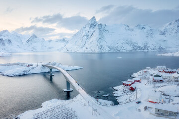 Wall Mural - aerial view on the hamnoy village, lofoten islands, norway. bridge for cars between the islands. nat