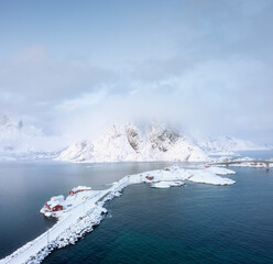Wall Mural - aerial view on the hamnoy village, lofoten islands, norway. bridge for cars between the islands. nat