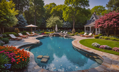 Poster - Large pool with a white house in the background. The pool is surrounded by a lot of trees and flowers