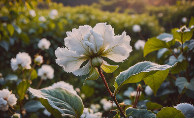Poster - Field of white flowers with green leaves. The flowers are in full bloom and the leaves are lush and green. The scene is peaceful and serene, with the sun shining down on the flowers and the leaves