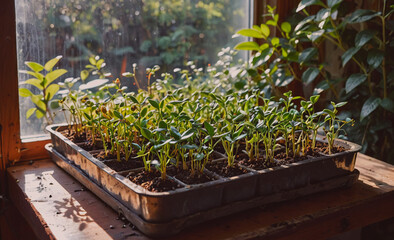 Poster - Tray of seedlings sits on a wooden table. The tray is filled with small plants, and the sunlight is shining on them. The plants are growing in soil, and they are all at different stages of growth. The