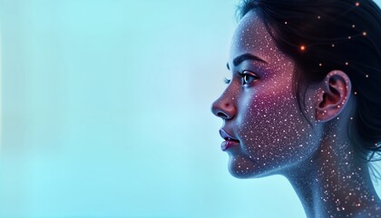 Fototapete - Profile view of person with face covered in glowing dots. Modern tech AI face recognition concept. Biometric security system face tracking. Advanced algorithm for data analysis in modern security