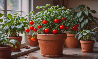 Wall Mural - Potted plant with a tomato plant in it. The plant has a lot of tomatoes on it