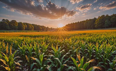 Poster - Field of corn is in the foreground with a bright sun in the background. The sun is shining on the corn, making it look like it's glowing. The sky is cloudy, but the sun is still visible, creating a