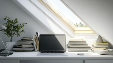 Wall Mural - Serene Attic Workspace: Laptop, Books, and Sunlight