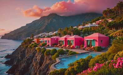 Poster - Beautiful pink house with a pool and a view of the ocean. The house is surrounded by trees and the ocean