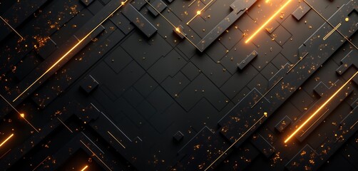 Aufkleber - Abstract dark background with geometric shapes. Golden lines, bright light create futuristic tech design. Stylish 3D pattern. Ideal for tech business. Modern, trendy graphic with luxury appearance.