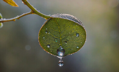 Poster - A leaf with a drop of water on it. The leaf is green and the water droplet is clear
