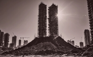 Poster - A city skyline with two tall buildings and a hill in the middle. The buildings are in the process of being demolished