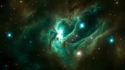 Wall Mural - stunning depiction of a dark green galaxy nebula, scattered with stars, providing a deep space cosmi
