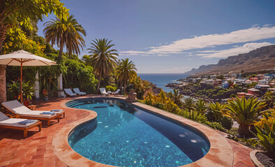 Fototapete - A pool with a view of the ocean and palm trees. The pool is surrounded by a lush green garden and there are several lounge chairs and umbrellas for relaxation