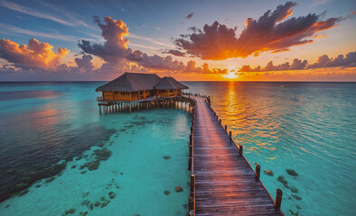 Fototapete - A beautiful beach with a wooden pier and a small wooden house. The sky is orange and the water is blue