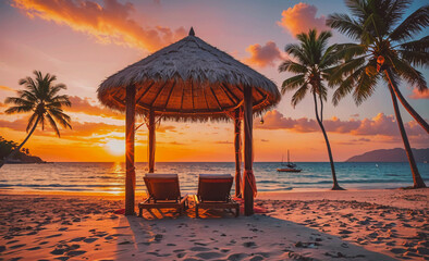 Fototapete - A beach hut with two chairs and a canopy sits on the beach. The sky is orange and the sun is setting