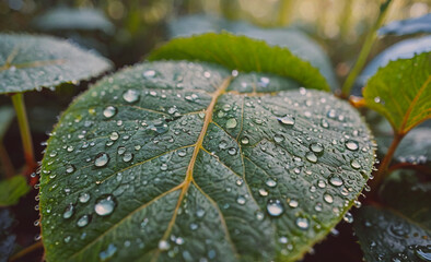Poster - A leaf is covered in raindrops, giving it a fresh and vibrant appearance. The droplets on the leaf reflect the sunlight, creating a beautiful and serene atmosphere