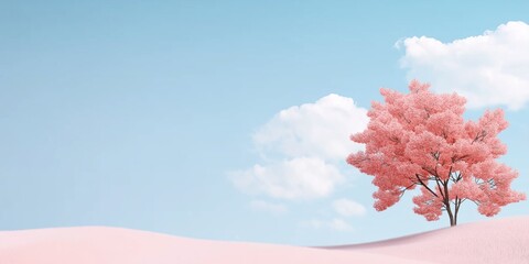 Canvas Print - A pink tree stands in a field of pink grass. The sky is blue with a few clouds