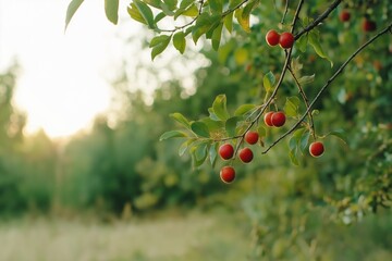 Wall Mural - A tree with red fruit hanging from it. The fruit is ripe and ready to be picked. The tree is surrounded by green leaves and branches. The scene is peaceful and serene